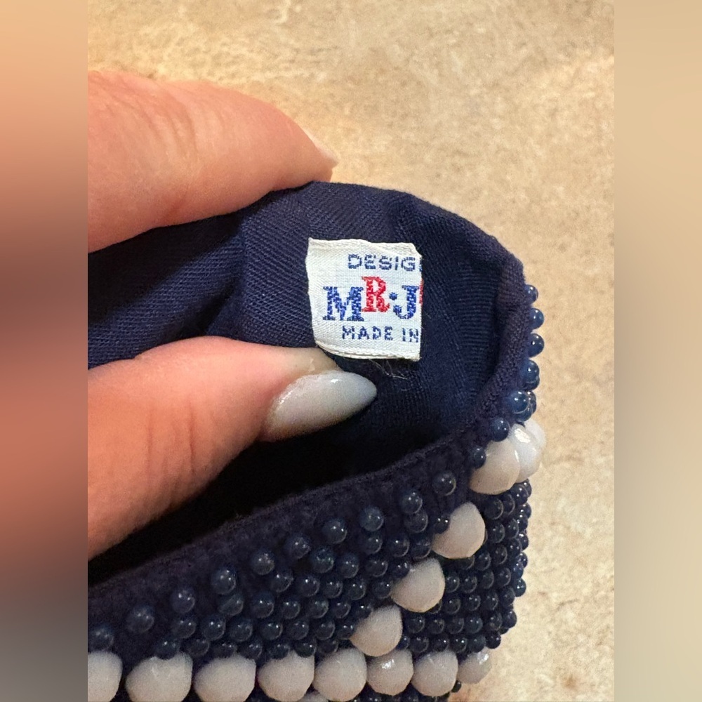 Mr. Jonas Vintage Navy and White Beaded Clutch made in Hong Kong. - Picture 7 of 12